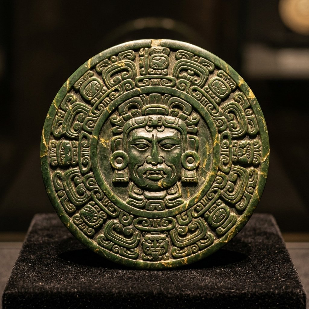 Ancient Maya carved jade nawal day sign medallion
