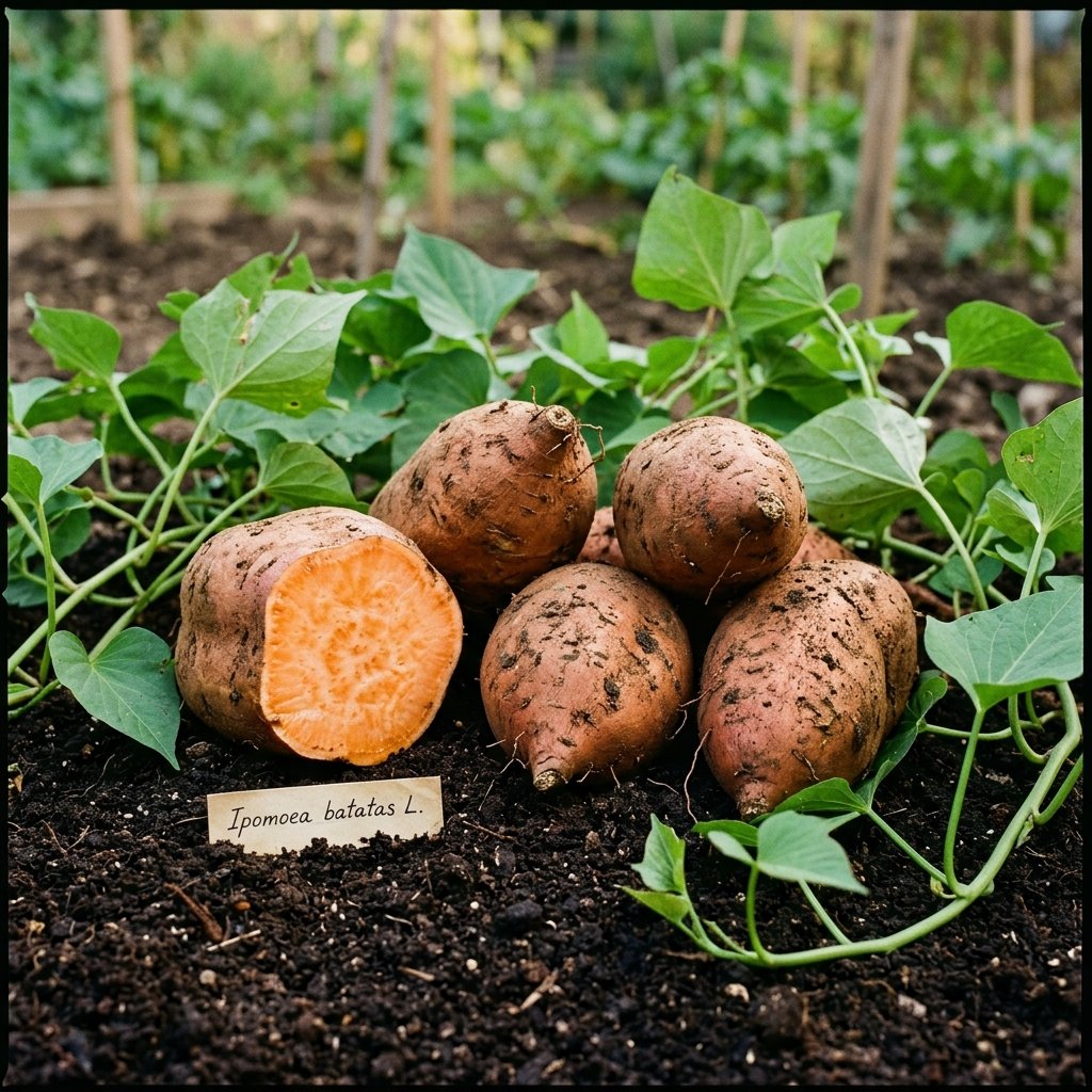 Sweet potatoes on dark soil with green vine leaves — the humble plant whose DNA proved pre-Columbian transoceanic contact