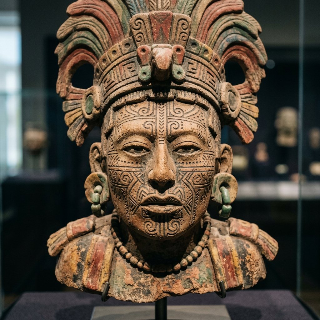 A close-up photograph of an ancient Maya painted ceramic figurine showing elaborate geometric facial tattoos or scarification around the mouth and cheeks
