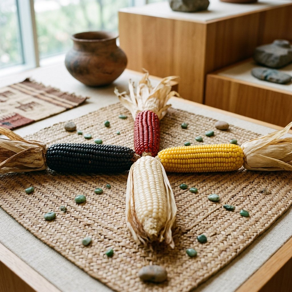 A beautiful arrangement of four different colors of heritage dried Mesoamerican maize cobs: red, white, black, and yellow