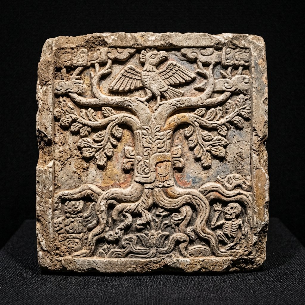 Ancient Maya carved World Tree stone fragment with celestial bird