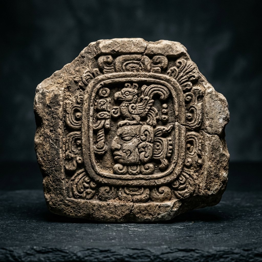 Ancient Maya royal emblem glyph carved in weathered limestone