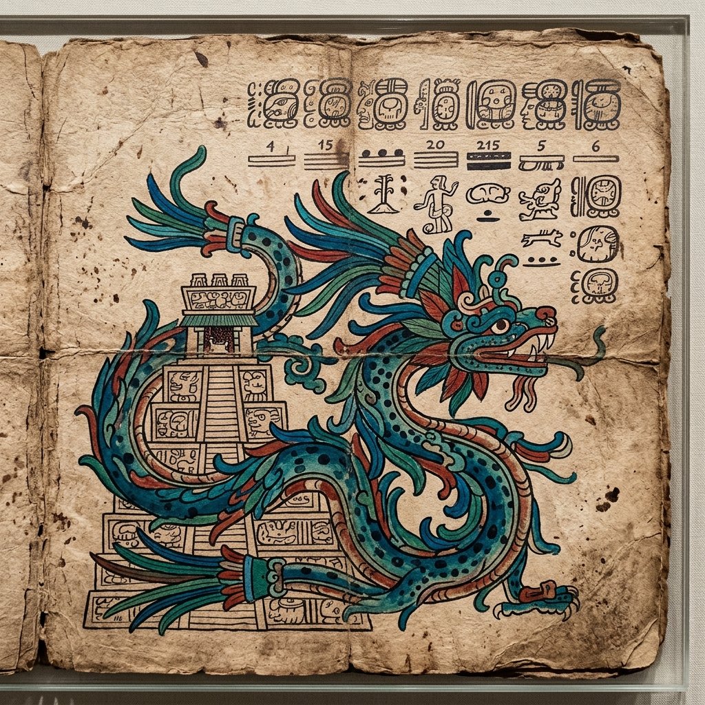 A page from the ancient Maya Dresden Codex showing the Feathered Serpent deity coiled around a temple structure in rich blue and green pigments