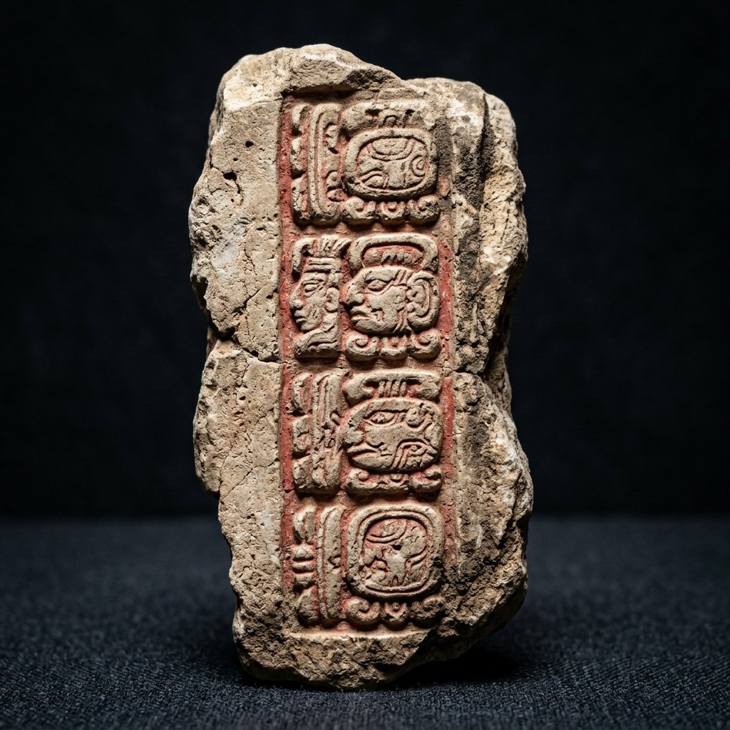 Ancient Maya limestone fragment with carved hieroglyphic glyph blocks