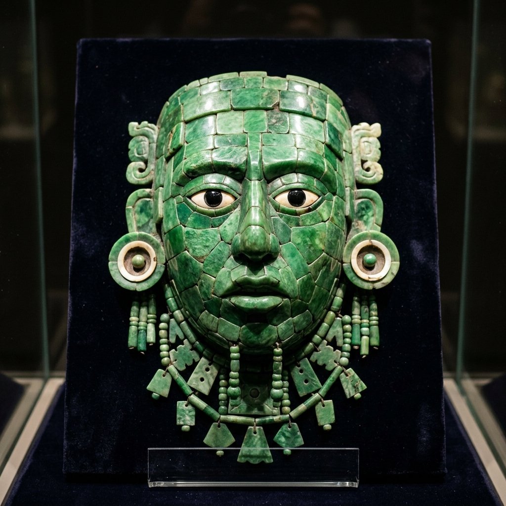A breathtaking photograph of an ancient Maya jade mosaic death mask constructed from dozens of carefully cut pieces of green jadeite