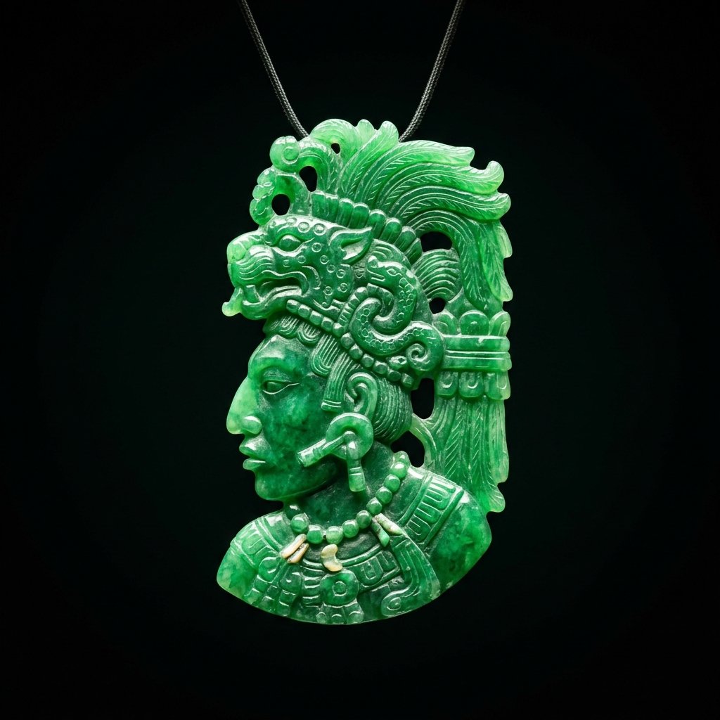 A stunning museum photograph of an ancient Maya jade carved pendant glowing with an inner luminescence on a black background