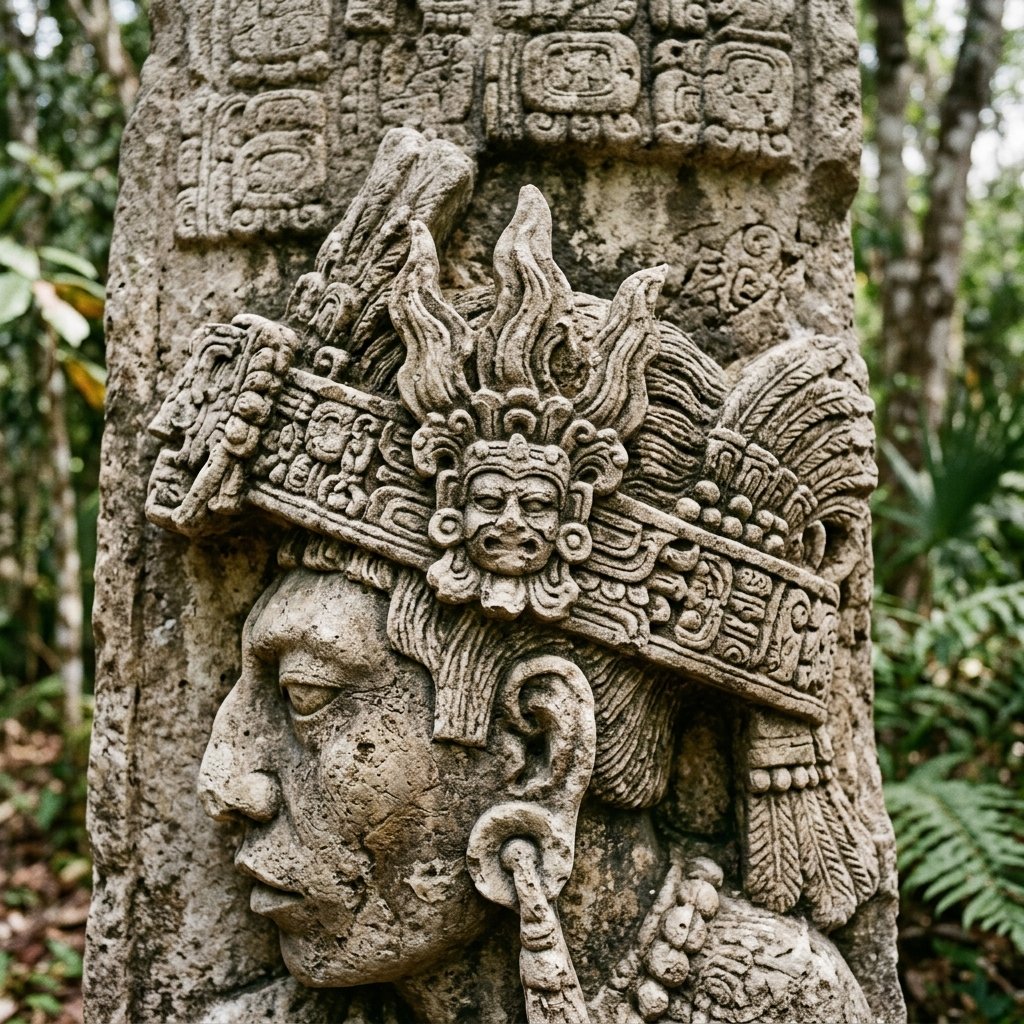 A photograph of a Classic Maya stone stela showing a detailed close up of a king's royal headband with the Jester God jewel