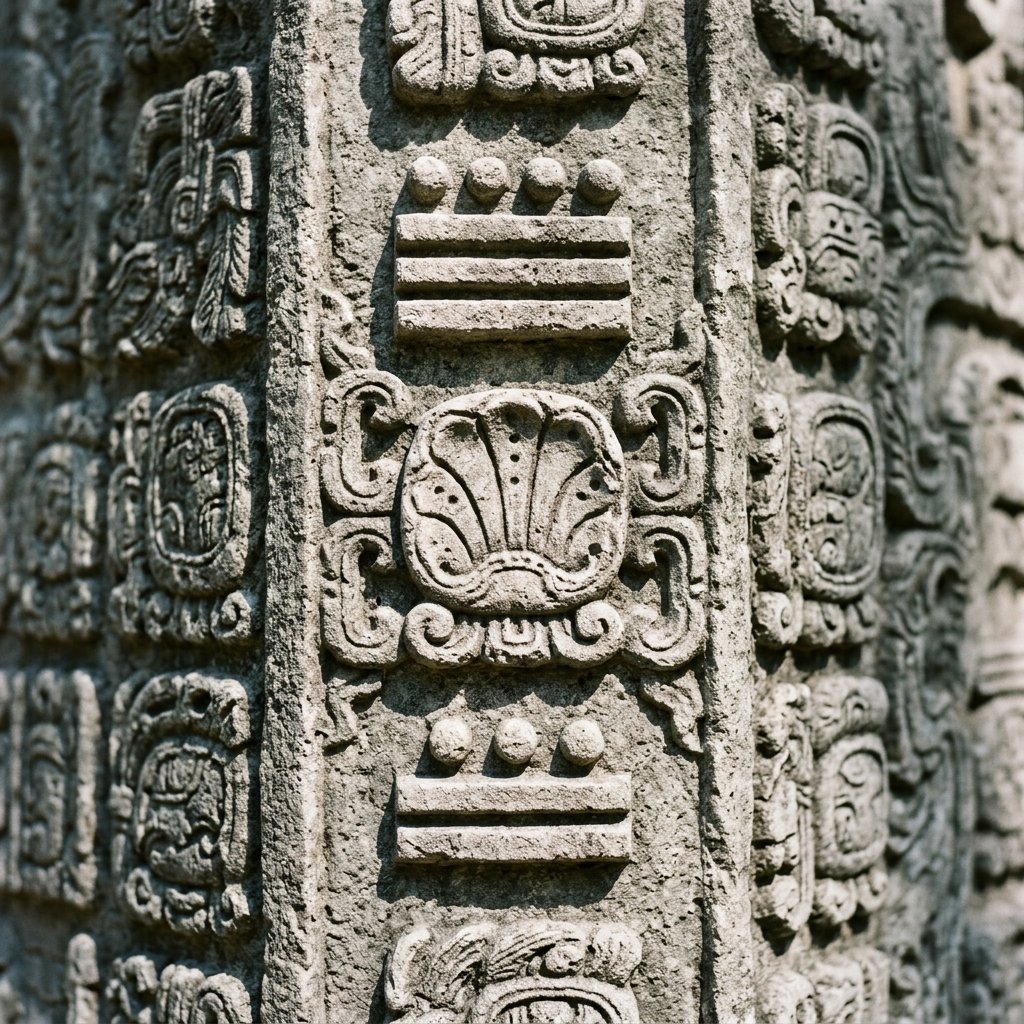 A close-up photograph of ancient Maya numbers carved into a weathered stone stela, featuring dots, bars, and a shell symbol