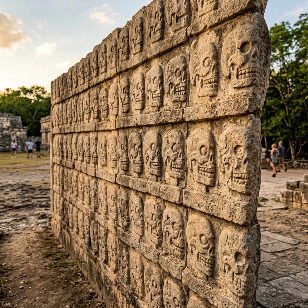 A section of the Tzompantli or skull rack stone carving at Chichen Itza showing rows of human skull profiles carved in low relief