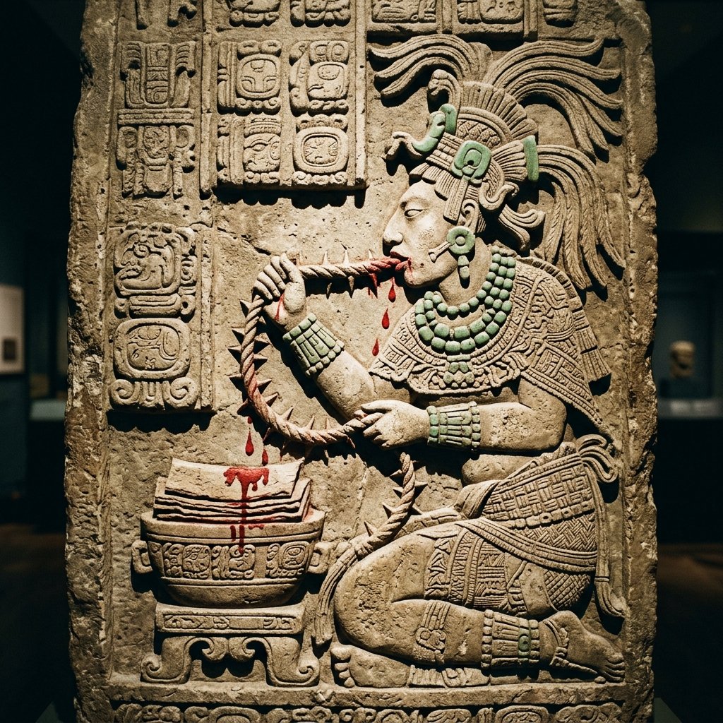 An ancient Maya stone relief carving showing a royal woman drawing a thorn-studded rope through her tongue