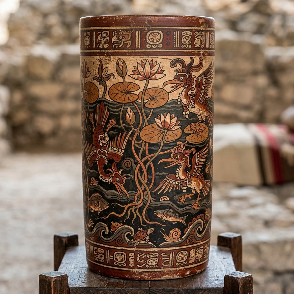 A beautiful ancient Maya painted ceramic cylinder vase showing a watery underworld scene with water lilies and aquatic birds