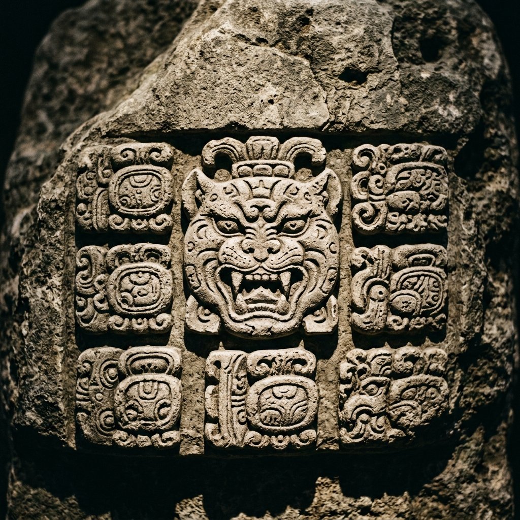 A stylized diagrammatic illustration of a single Maya glyph block carved in stone showing a central main sign surrounded by smaller prefix and superfix syllables