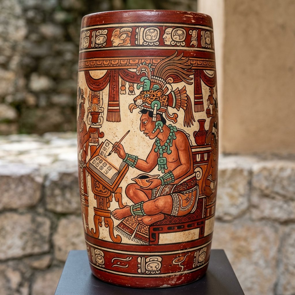 A Classic Maya painted ceramic cylinder vase showing a royal scribe holding a brush and a conch shell inkwell