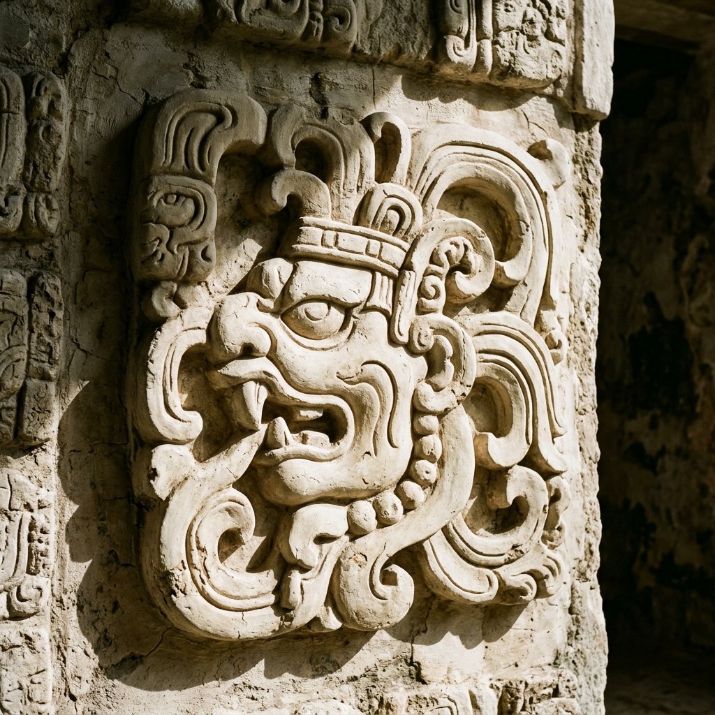 A beautiful photograph of a large, three-dimensional Maya stucco hieroglyph from Palenque modeled in high relief