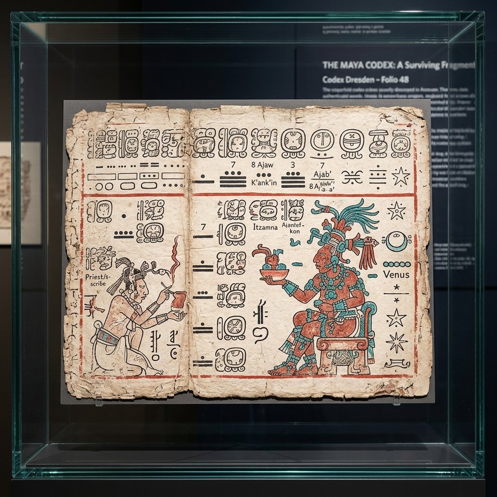 A page from an ancient Maya codex displayed under museum glass, showing fine-line painted glyphs and figures in red, black, and blue pigments on cream bark-paper