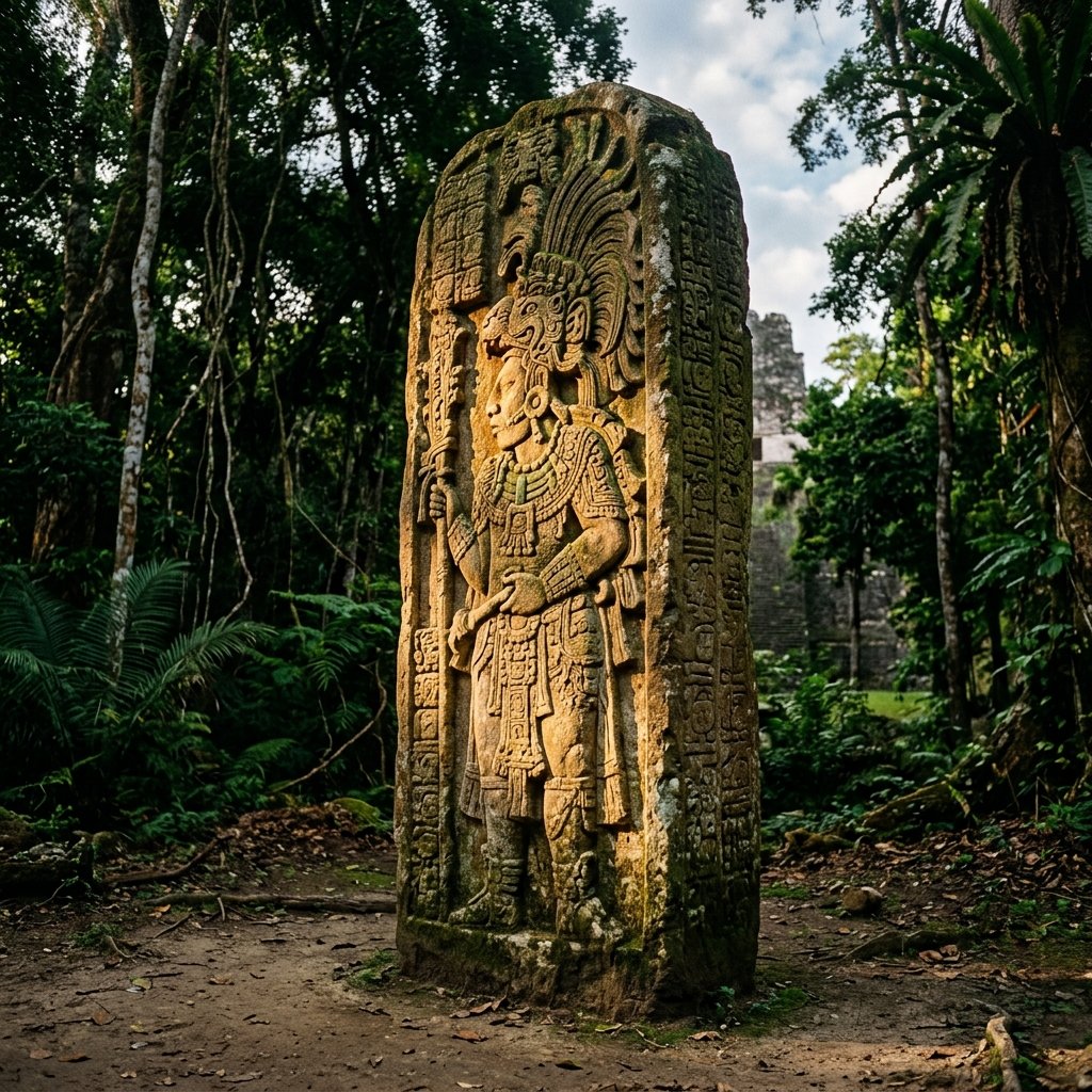 A tall ancient Maya stone stela standing in a jungle clearing, carved with the portrait of a ruler and columns of hieroglyphic text, partially covered with moss and lichen, illuminated by dramatic afternoon light