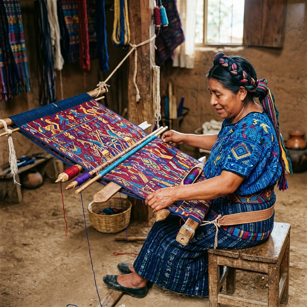 Traditional Maya backstrap loom weaving with intricate brocaded textile patterns in vibrant colors