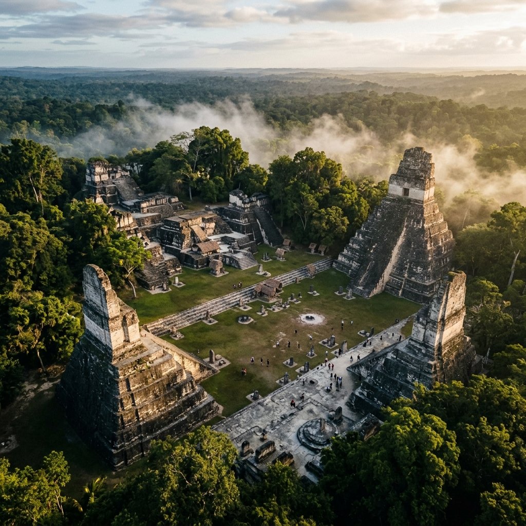 The Great Plaza of Tikal — Temple I and Temple II facing each other across the vast ceremonial court, with the North Acropolis behind