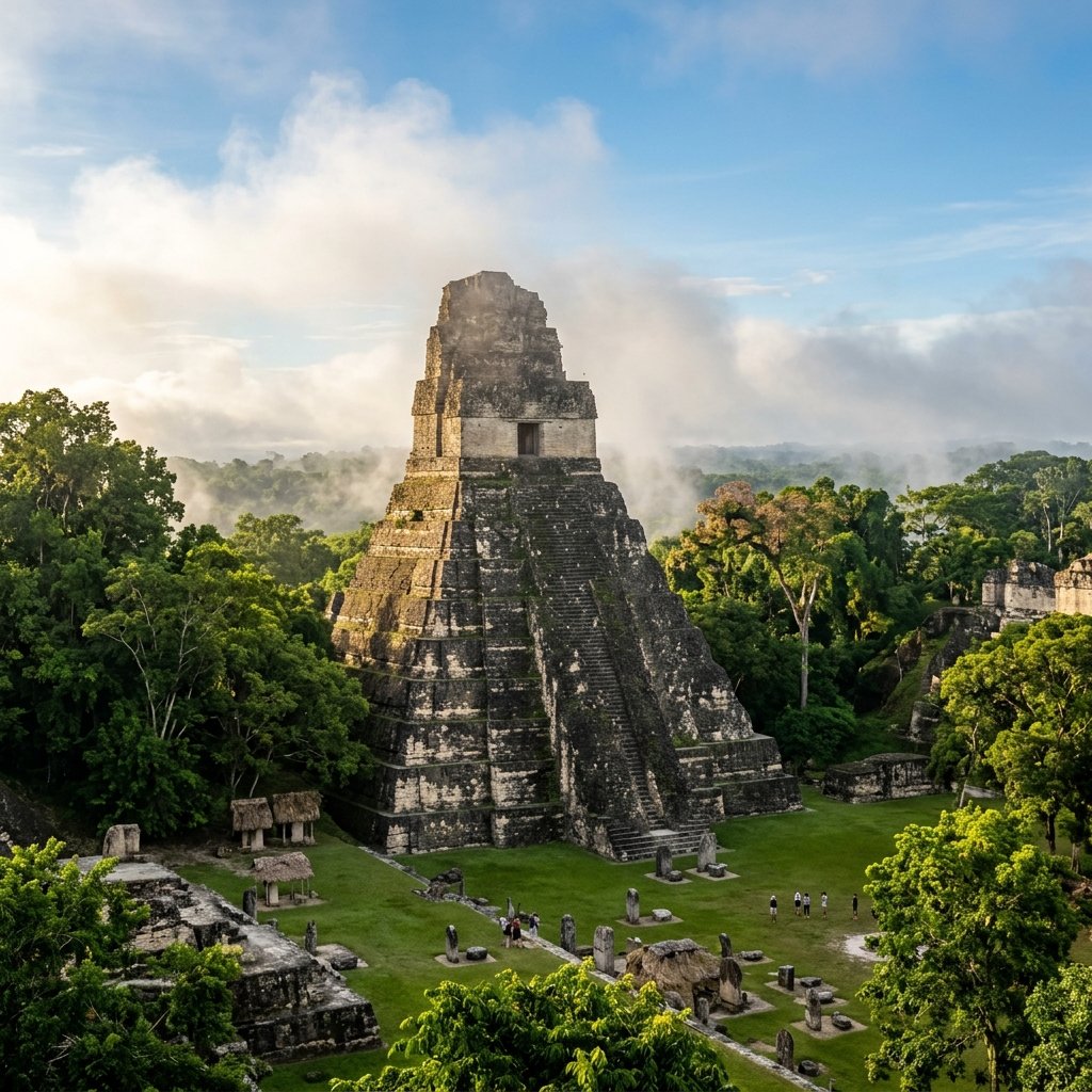 Temple I at Tikal rising steeply above the jungle canopy in morning mist