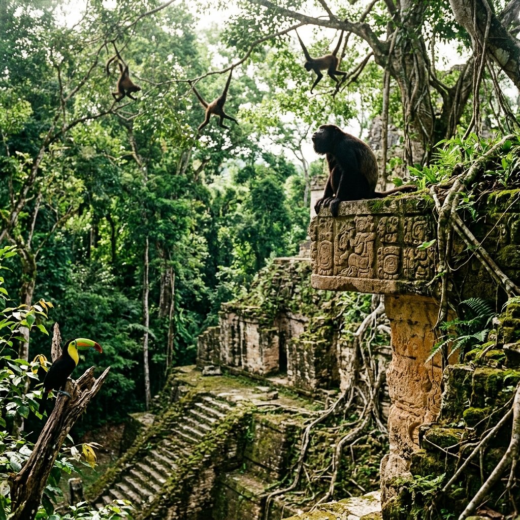 Howler monkeys and toucans among the ancient temples at Tikal — archaeology and wildlife sanctuary united