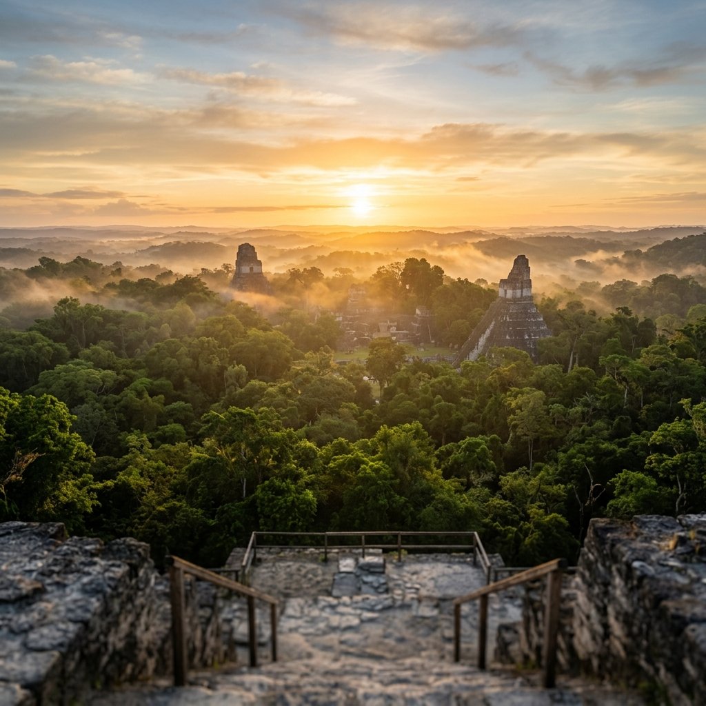 The view from Temple IV at sunrise — pyramids piercing through an endless sea of jungle canopy stretching to the horizon