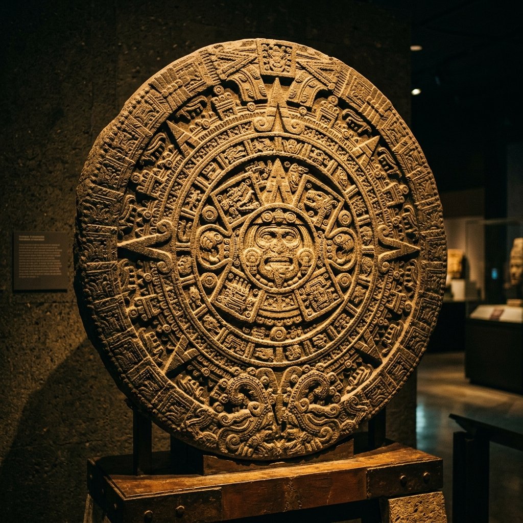 Ancient Maya carved stone calendar wheel with interlocking cycles and bar-and-dot numerals