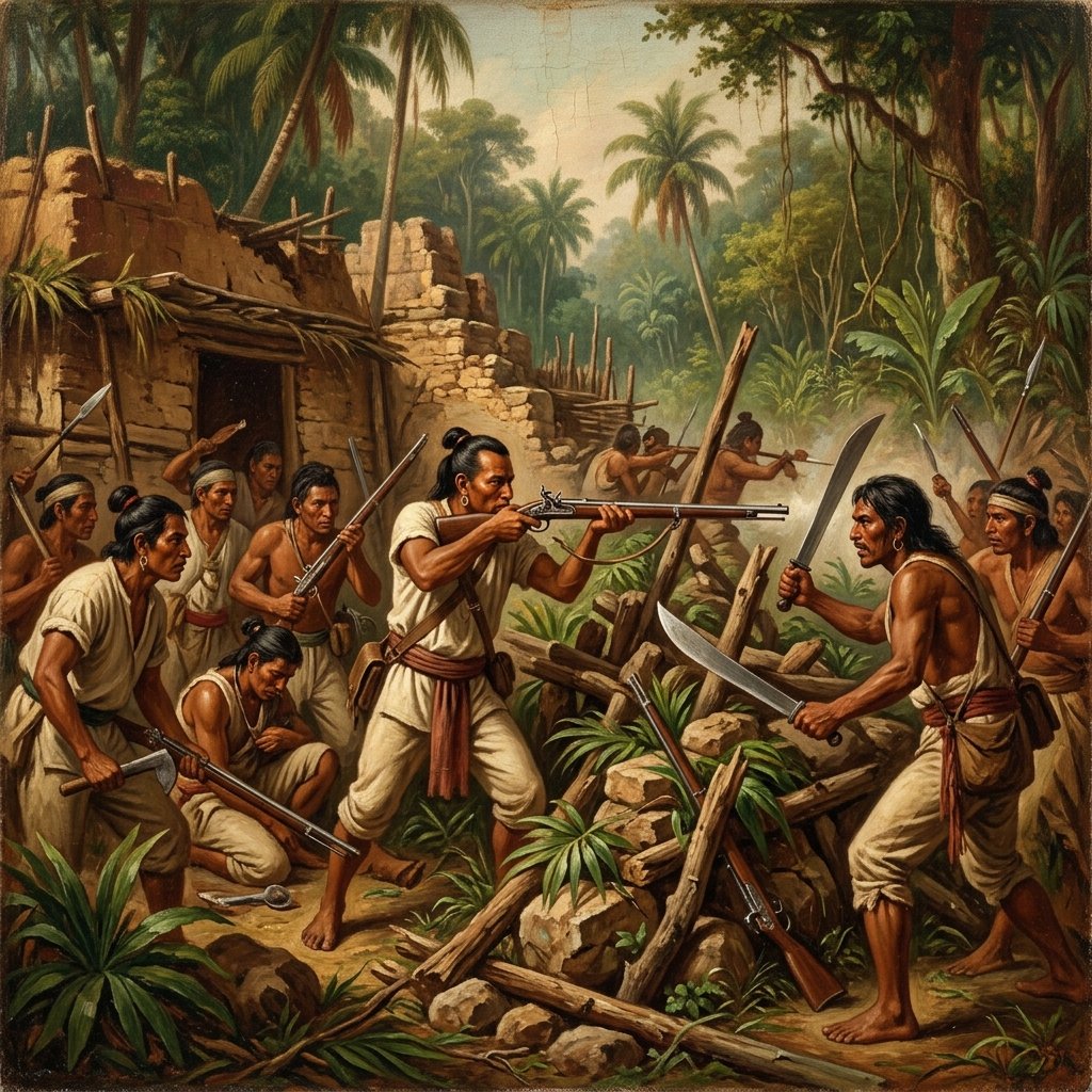 Oil painting of Maya rebels defending a jungle fortress during the Caste War of Yucatan