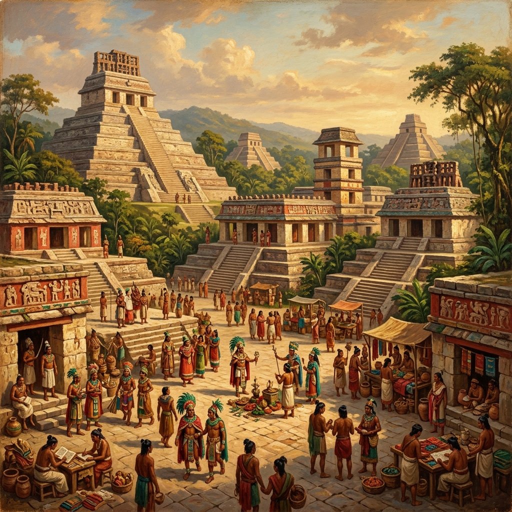 Painting of a grand Maya Classic Period city with multiple pyramid temples and a bustling ceremonial plaza