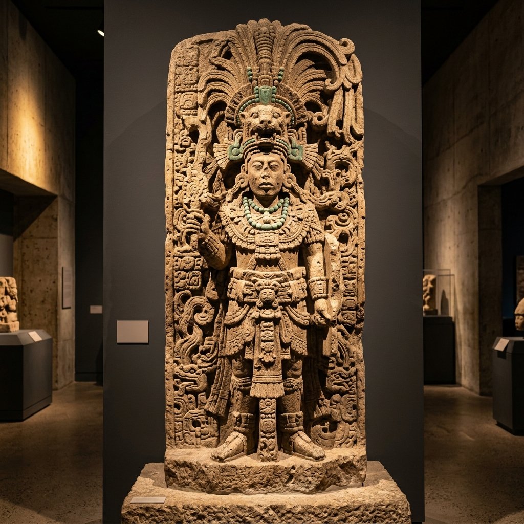 Ancient Maya three-dimensional carved stone portrait stela of a king in full royal regalia from Copan