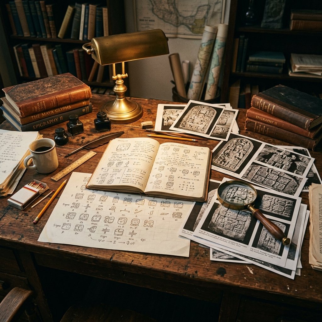 Scholar's desk with Maya hieroglyphic drawings, notebooks of glyph analysis, and reference photographs