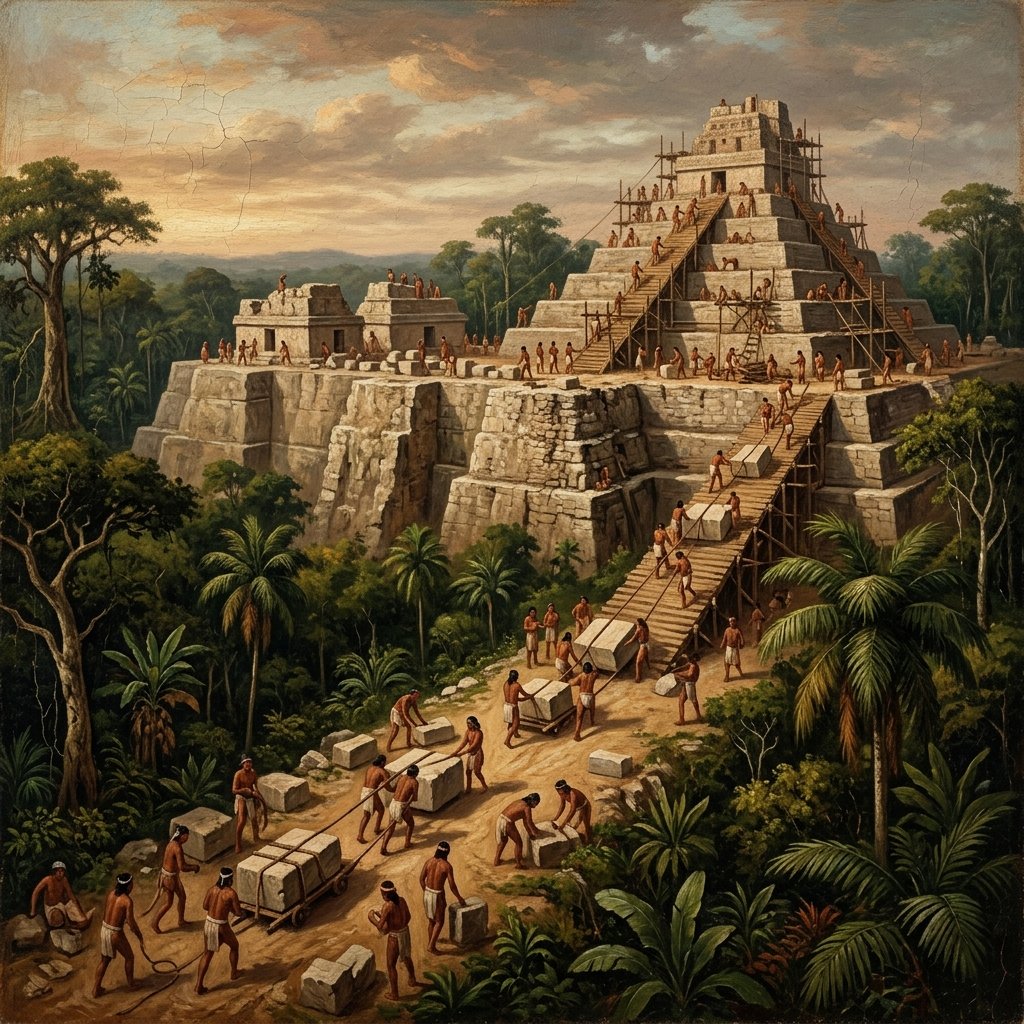 Painting of the ancient Maya city of Nakbe with massive limestone platforms and early pyramids under construction
