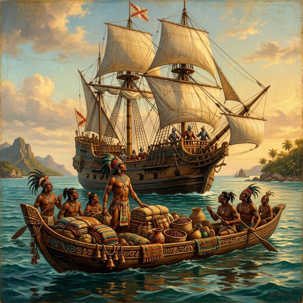 Oil painting of a Maya trading canoe encountering a European sailing ship in Caribbean waters, 1502 AD
