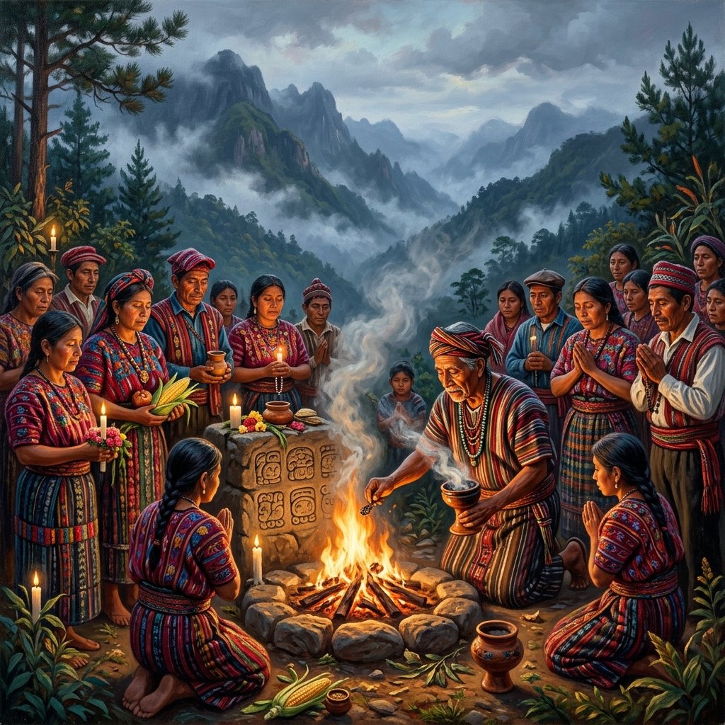 Painting of a modern Maya ceremony with a daykeeper burning copal incense surrounded by community in traditional textiles