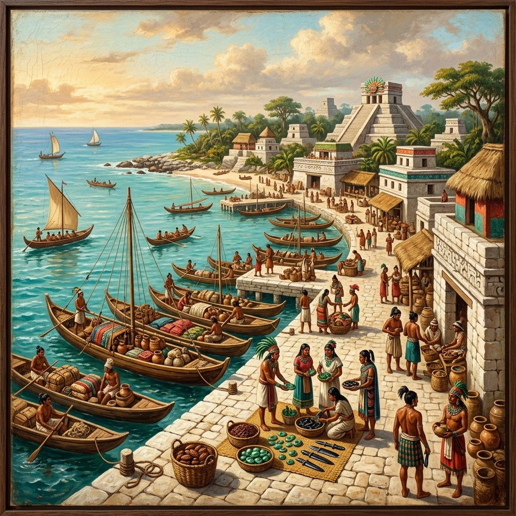 Painting of a Maya maritime trading port city on the Caribbean coast with seafaring canoes laden with goods