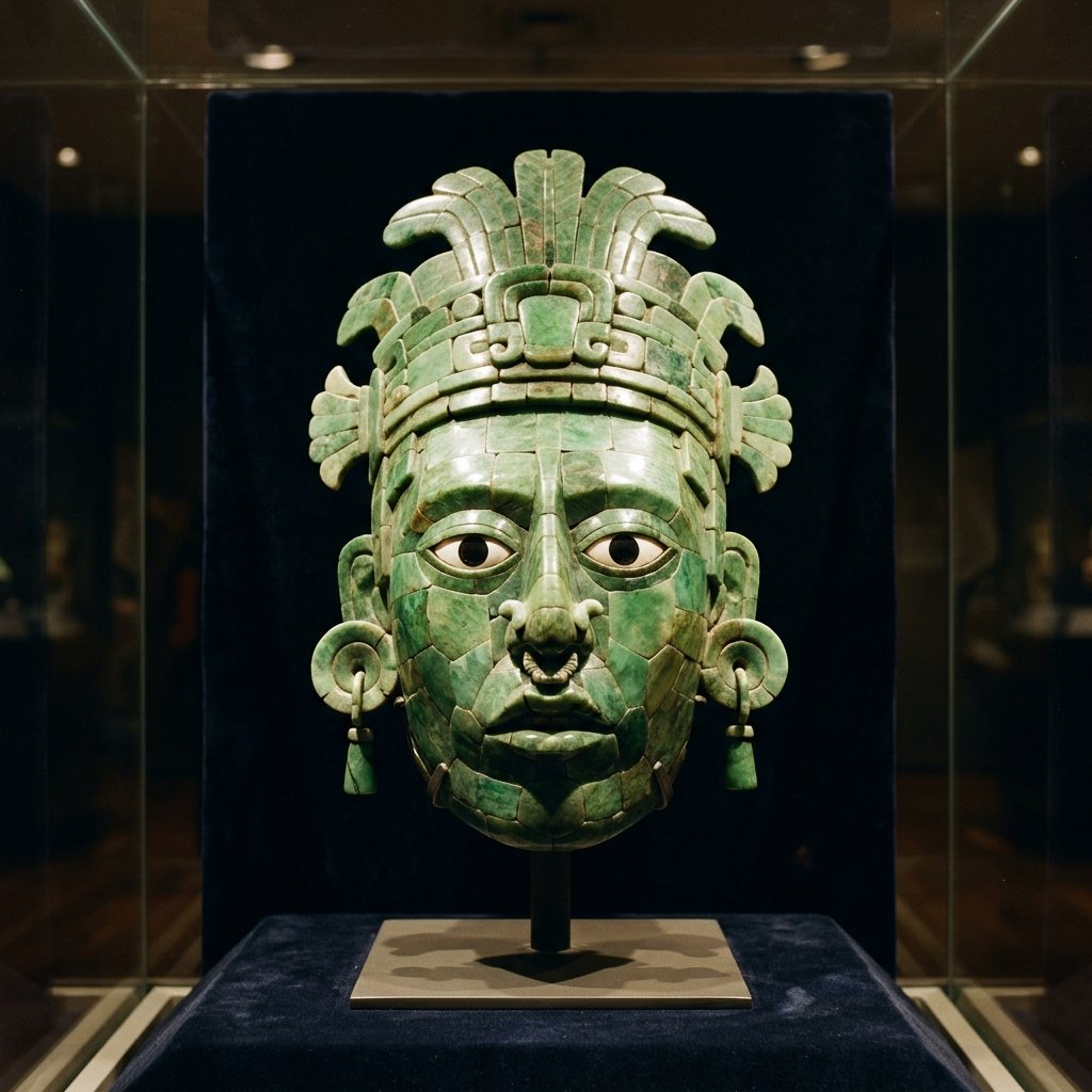 The famous jade mosaic funerary mask of King Pakal of Palenque with shell and obsidian inlaid eyes