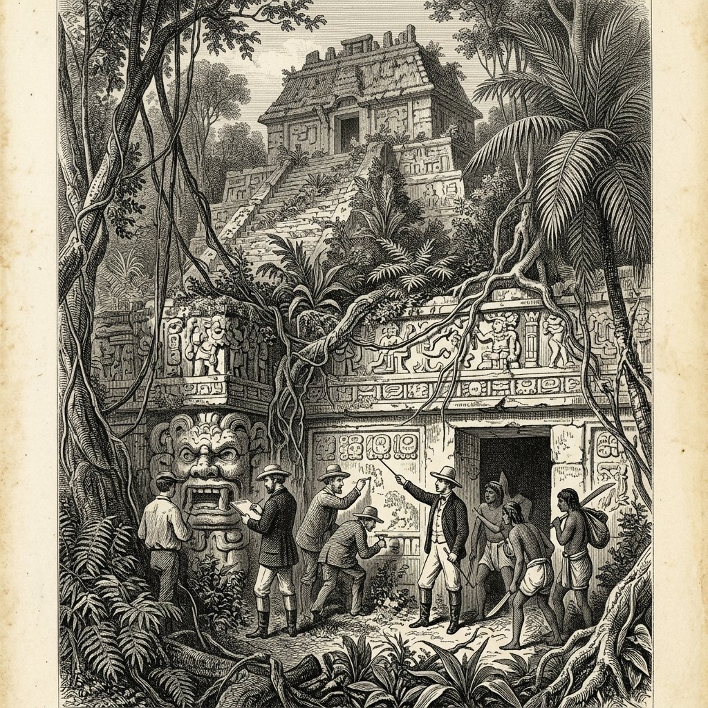 Victorian-era engraving of explorers discovering an ancient Maya temple overgrown with jungle vines