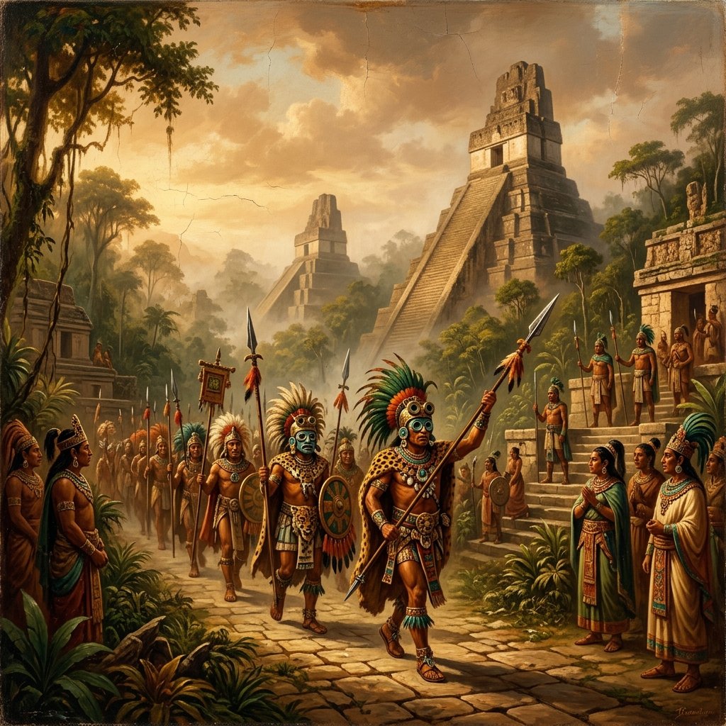 Oil painting of Teotihuacan warriors arriving at Tikal wearing goggle-eyed Tlaloc helmets with pyramids in the misty jungle background