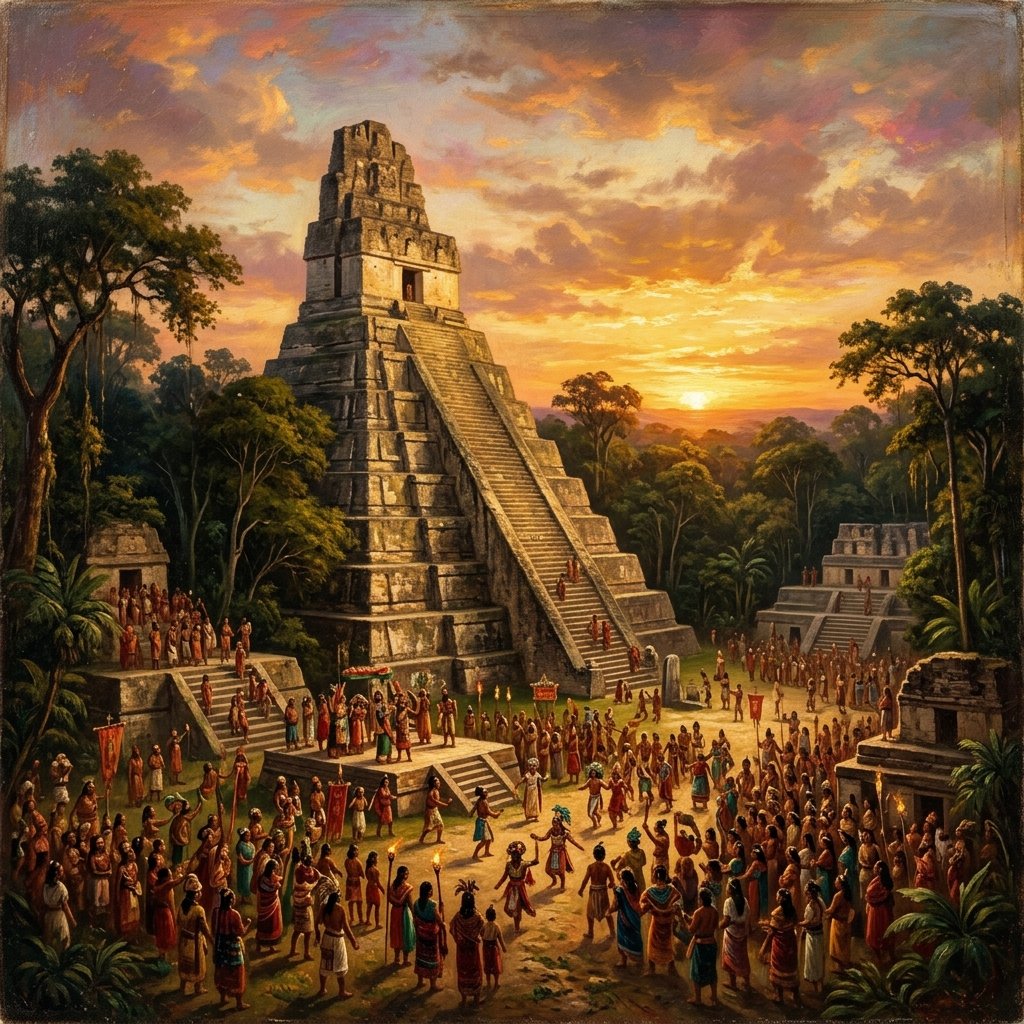 Painting of Temple I at Tikal rising dramatically above the jungle canopy against a vivid sunset sky