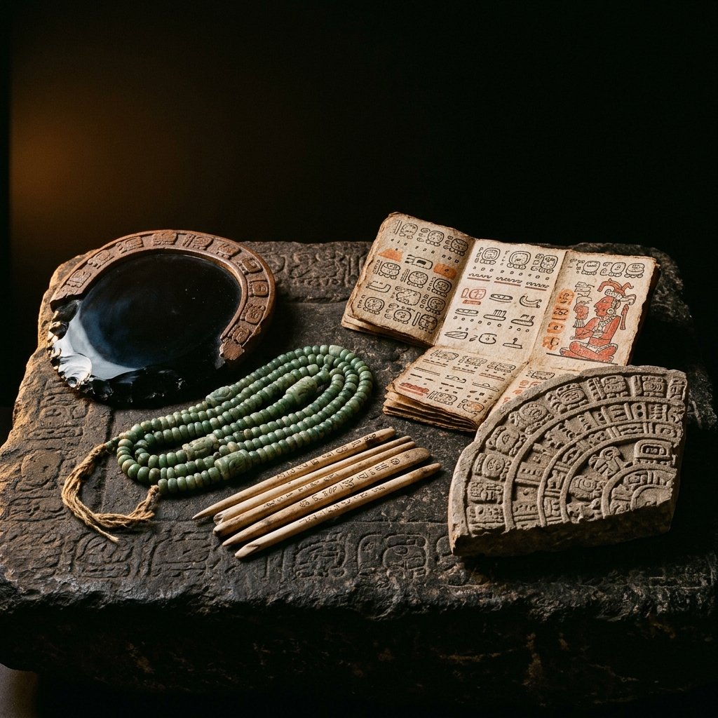 Maya astronomical and calculation tools arranged on stone — obsidian mirror, jade beads, bone styluses, and bark-paper codex — museum artifact photography