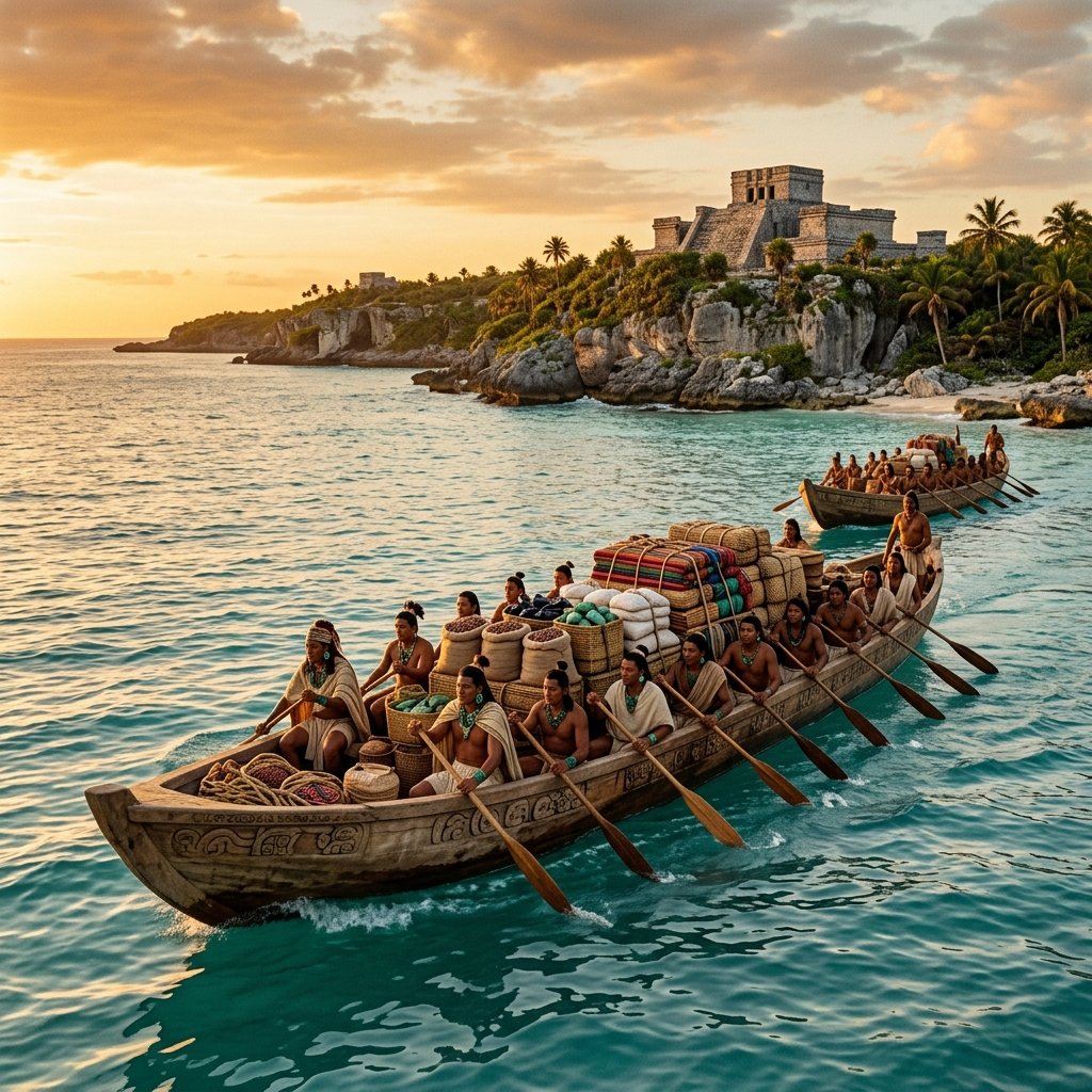 An ancient Maya maritime trading canoe carrying merchants and cargo along the Caribbean coast past a clifftop city