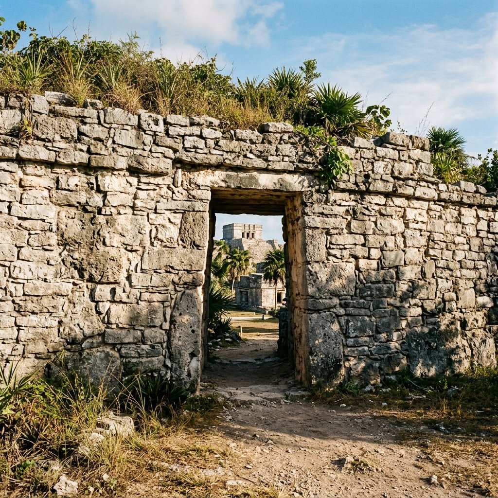 The massive defensive stone wall at Tulum with a narrow gateway passage — one of the few walled Maya cities