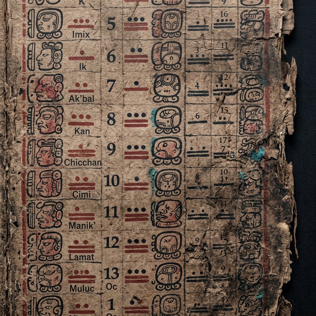Ancient Maya codex page with ritual calendar notations showing rows of day signs painted in red and black ink with dot-and-bar numerals