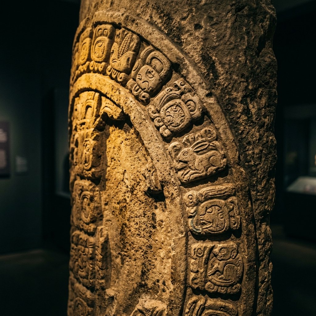 Ancient Maya stone carving of Tzolk'in calendar glyphs arranged in a circular pattern, showing interlocking day signs on weathered limestone