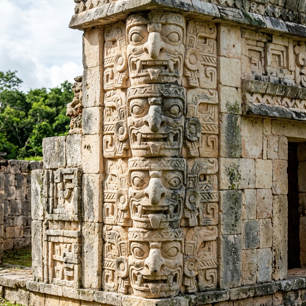 Close-up of stacked Chaac rain god masks carved in stone at Uxmal — each with the distinctive long curving nose