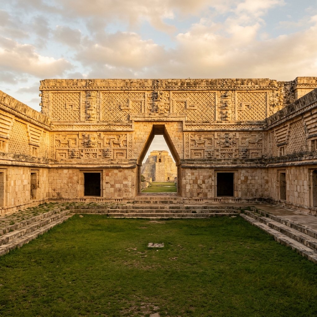 Intricate geometric Maya stone mosaic architecture