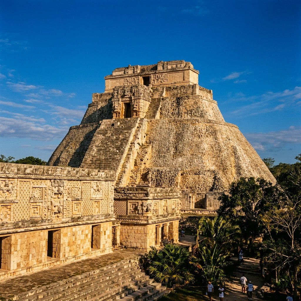 The Pyramid of the Magician at Uxmal rising dramatically against a blue sky
