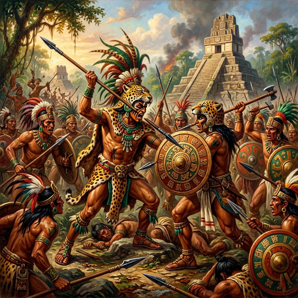 Maya warriors in elaborate battle regalia advancing with spears and war banners — classical painting