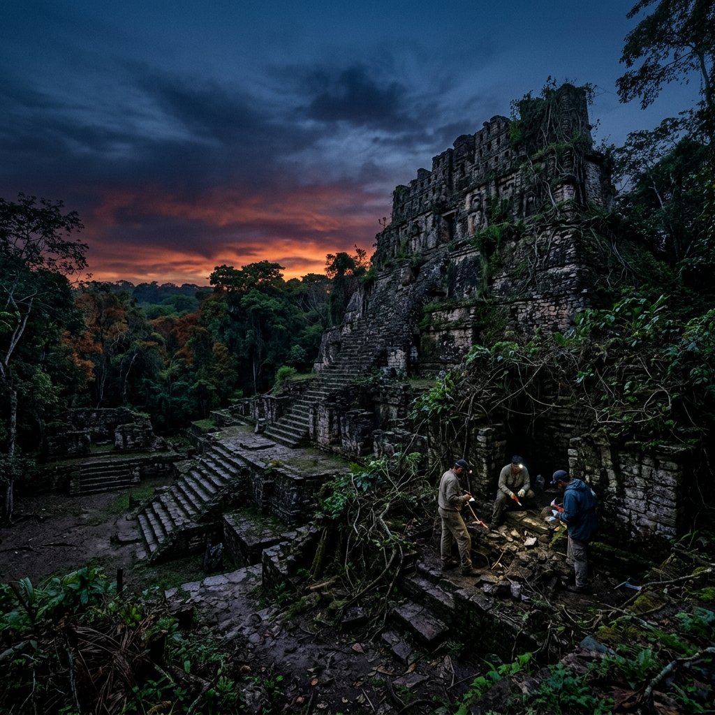 Twilight over ancient Maya ruins