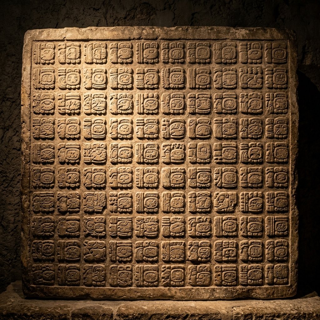 Large Maya stone panel densely covered with rows and columns of precisely carved hieroglyphic glyph blocks — similar to the Tablet of the 96 Glyphs from Palenque