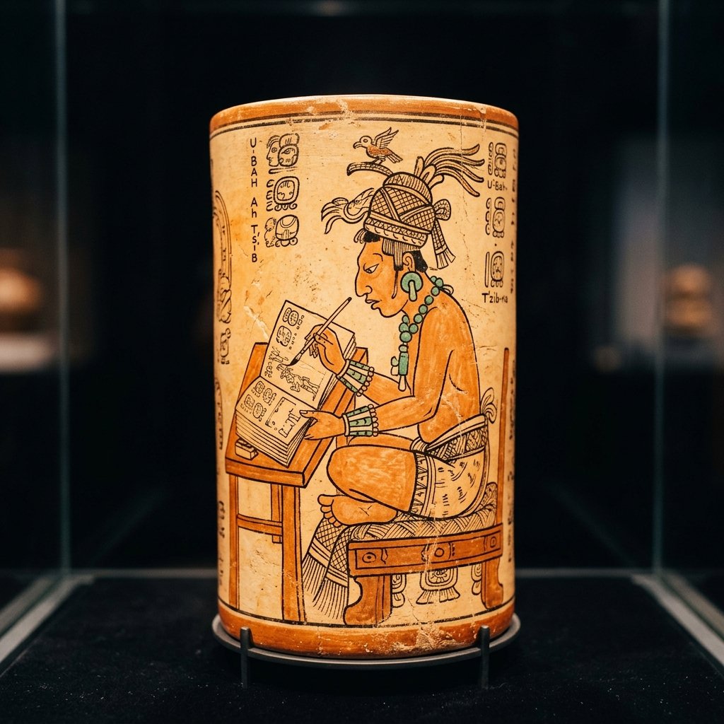 Painted Maya ceramic vessel showing a seated Maya scribe at work, cross-legged on a throne, painting in an open codex with a fine brush, wearing jade ear spools and cloth headdress
